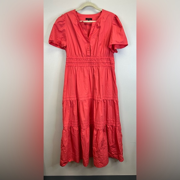 Quince Womens XL Vibrant Tiered 100% Organic Cotton Coral Maxi Dress Boho Poplin - Picture 4 of 13